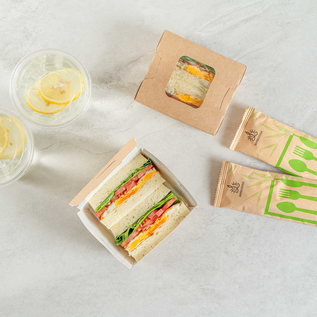 Cafe Vision 12 oz Rectangle Kraft Paper Mini Bio Take Out Container - Two Windows - 4 1/4" x 3 3/4" x 1 3/4" - 200 count box