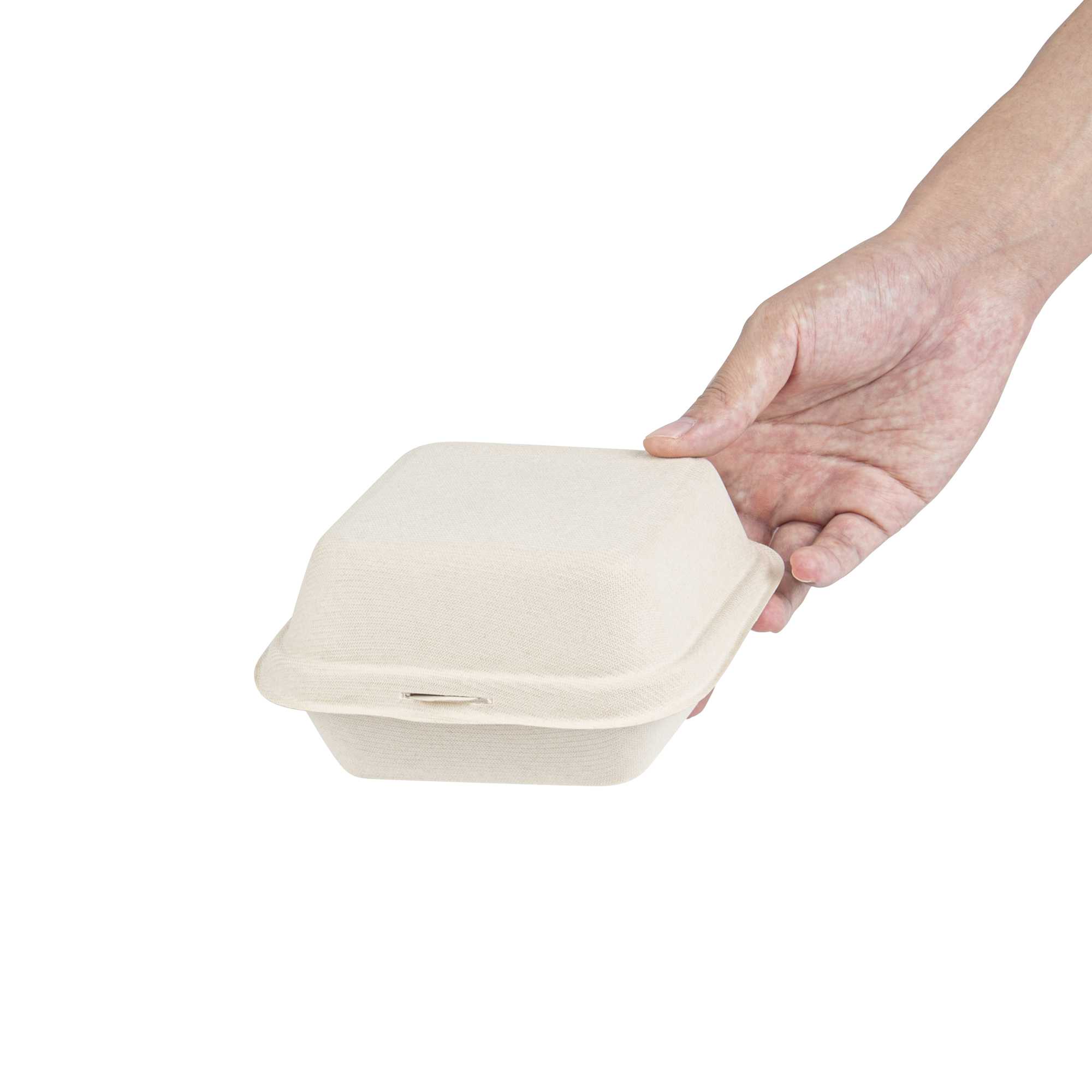 Pulp Tek 15 oz Square White Sugarcane / Bagasse Clamshell Container - 6" x 6" x 3" - 100 count box