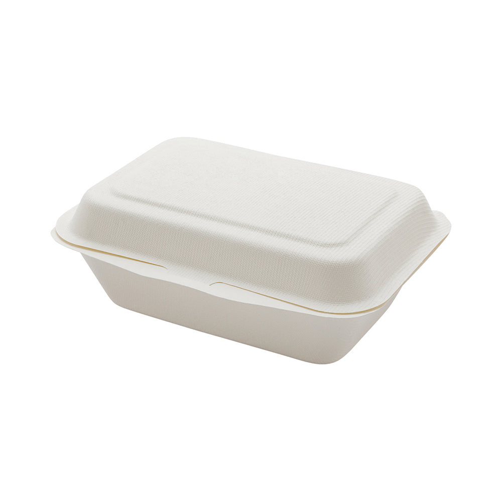 Pulp Tek 20 oz Rectangle White Sugarcane / Bagasse Clamshell Container - 7 1/4" x 5 1/2" x 2 1/2" - 100 count box