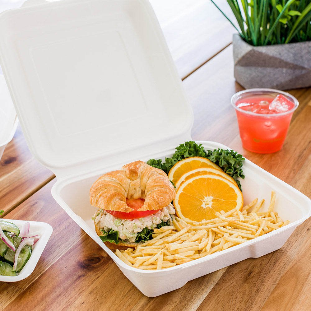 Pulp Tek 32 oz Square White Sugarcane / Bagasse Large Clamshell Container - 9 1/4" x 9 1/4" x 3 1/4" - 100 count box