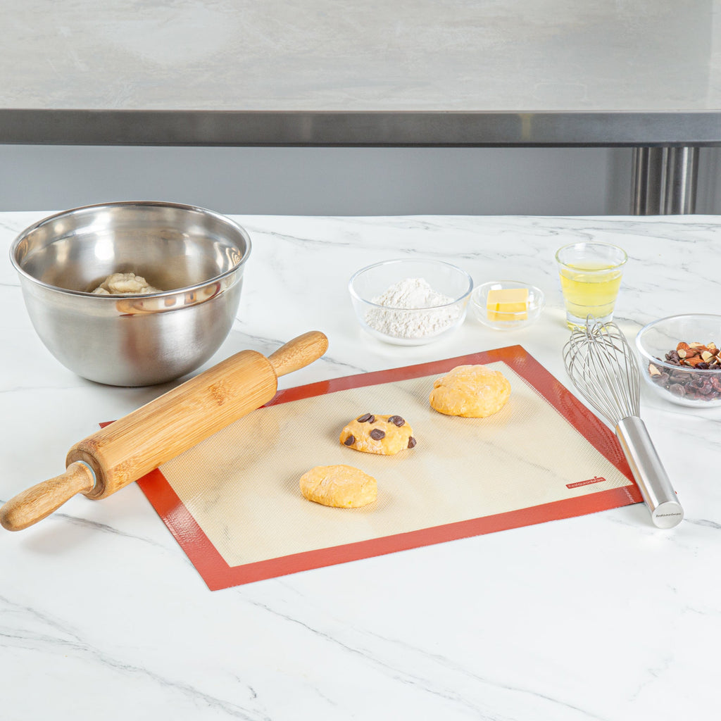 Pastry Tek Rectangle Tan and Red Silicone Half Size Baking Mat - Ultra Durable - 11 3/4" x 15 3/4" - 1 count box