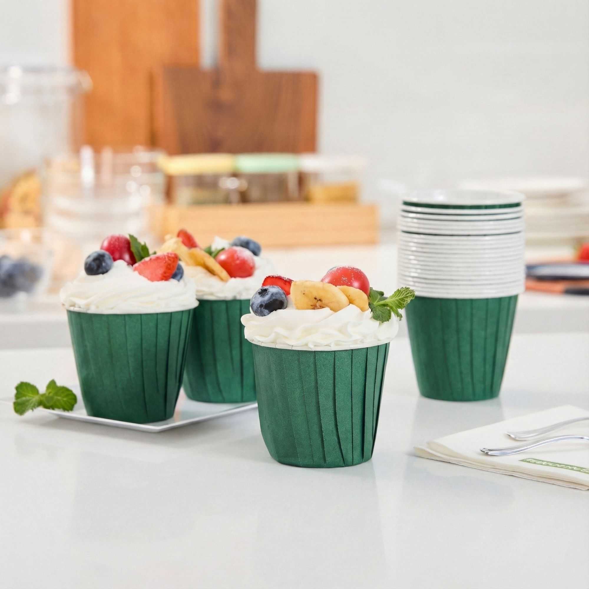 Panificio 4 oz Round Forest Green Paper Tall Baking Cup - Pleated - 3" x 3" x 2 3/4" - 200 count box
