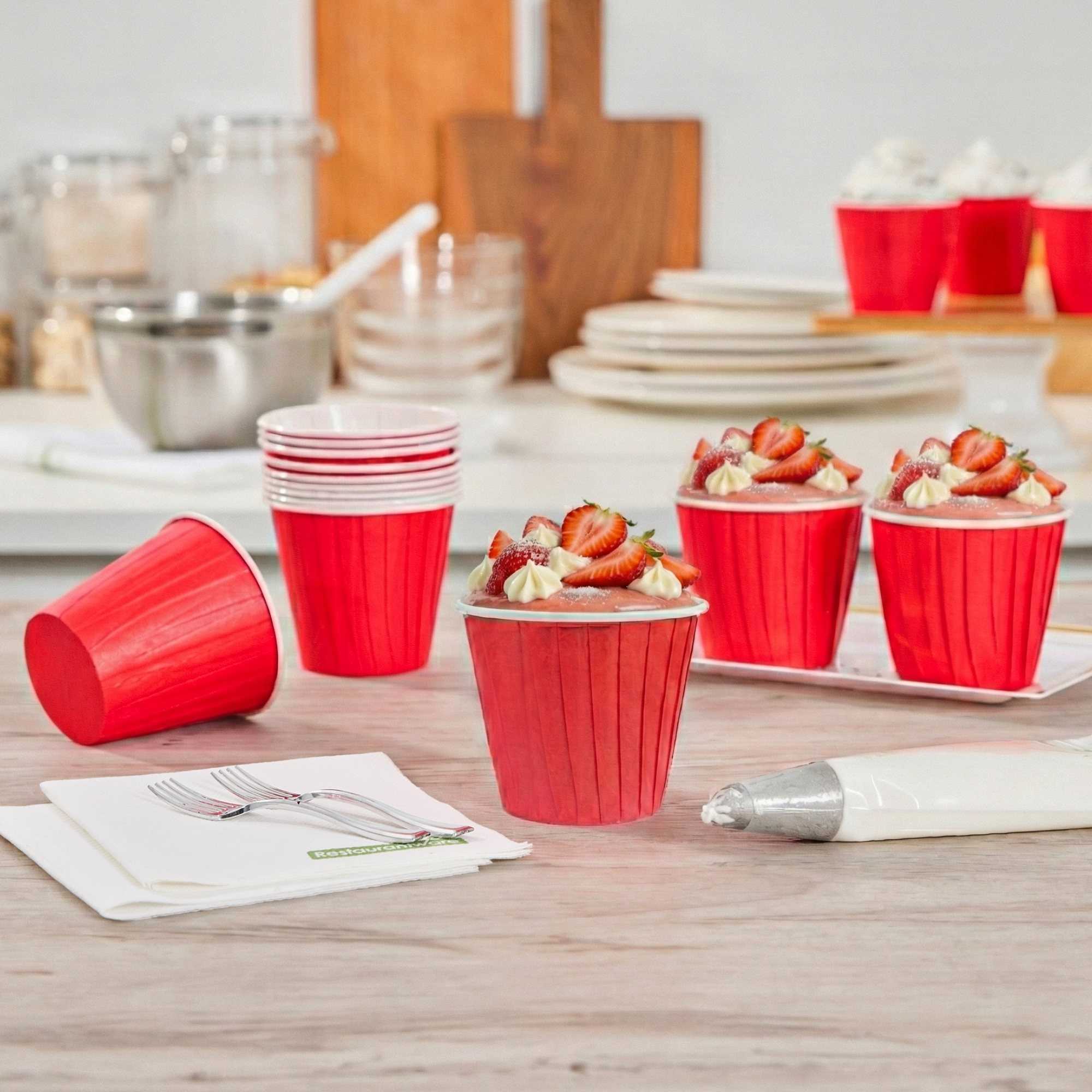 Panificio 4 oz Round Red Paper Tall Baking Cup - Pleated - 3" x 3" x 2 3/4" - 200 count box