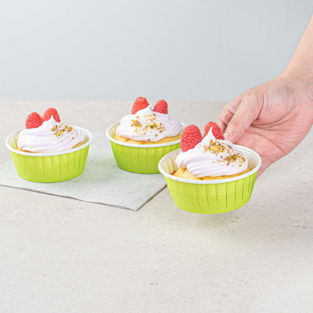 Panificio 5 oz Round Eco Green Paper Large Baking Cup - Pleated - 3 3/4" x 3 3/4" x 1 1/2" - 200 count box