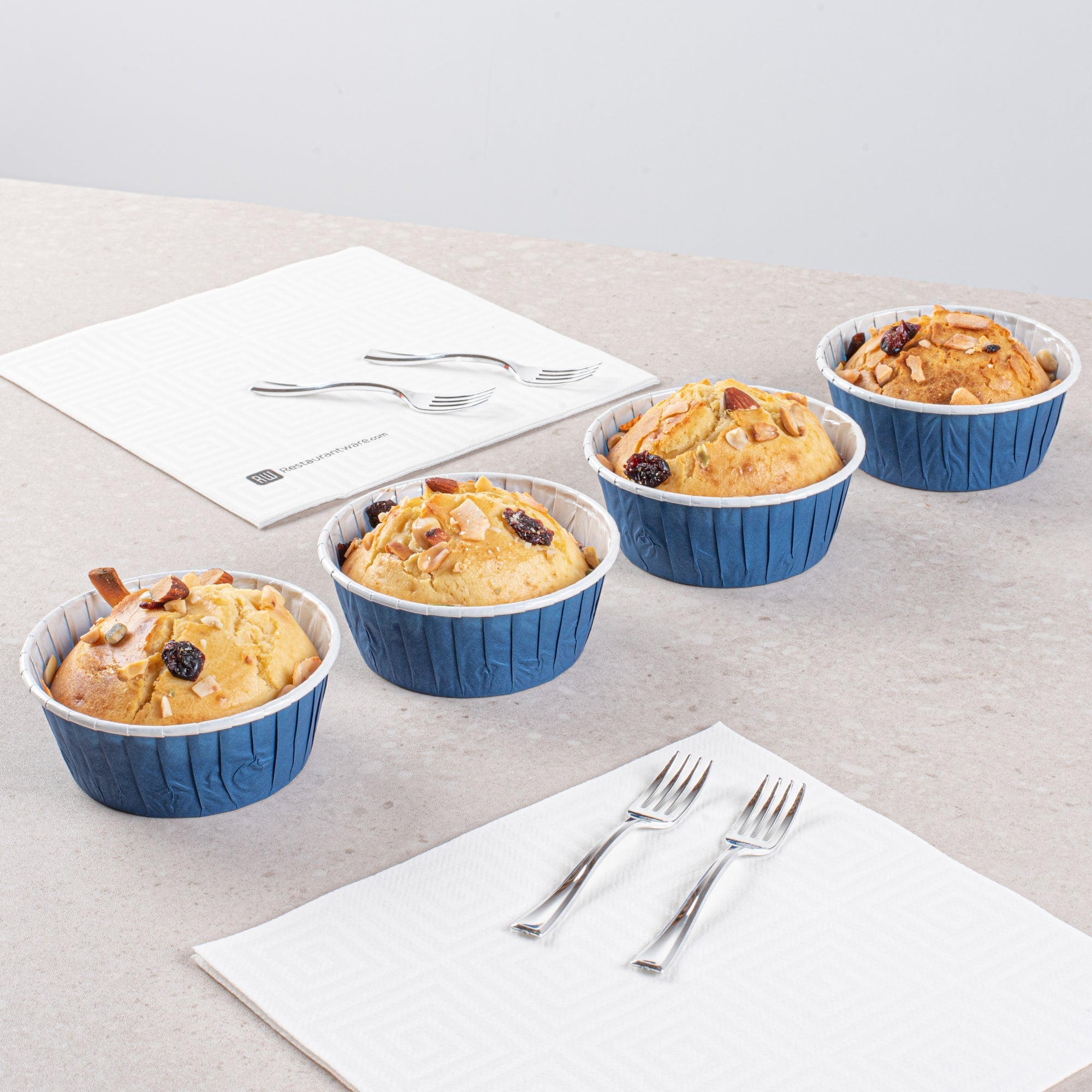 Panificio 5 oz Round Midnight Blue Paper Large Baking Cup - Pleated - 3 3/4" x 3 3/4" x 1 1/2" - 200 count box