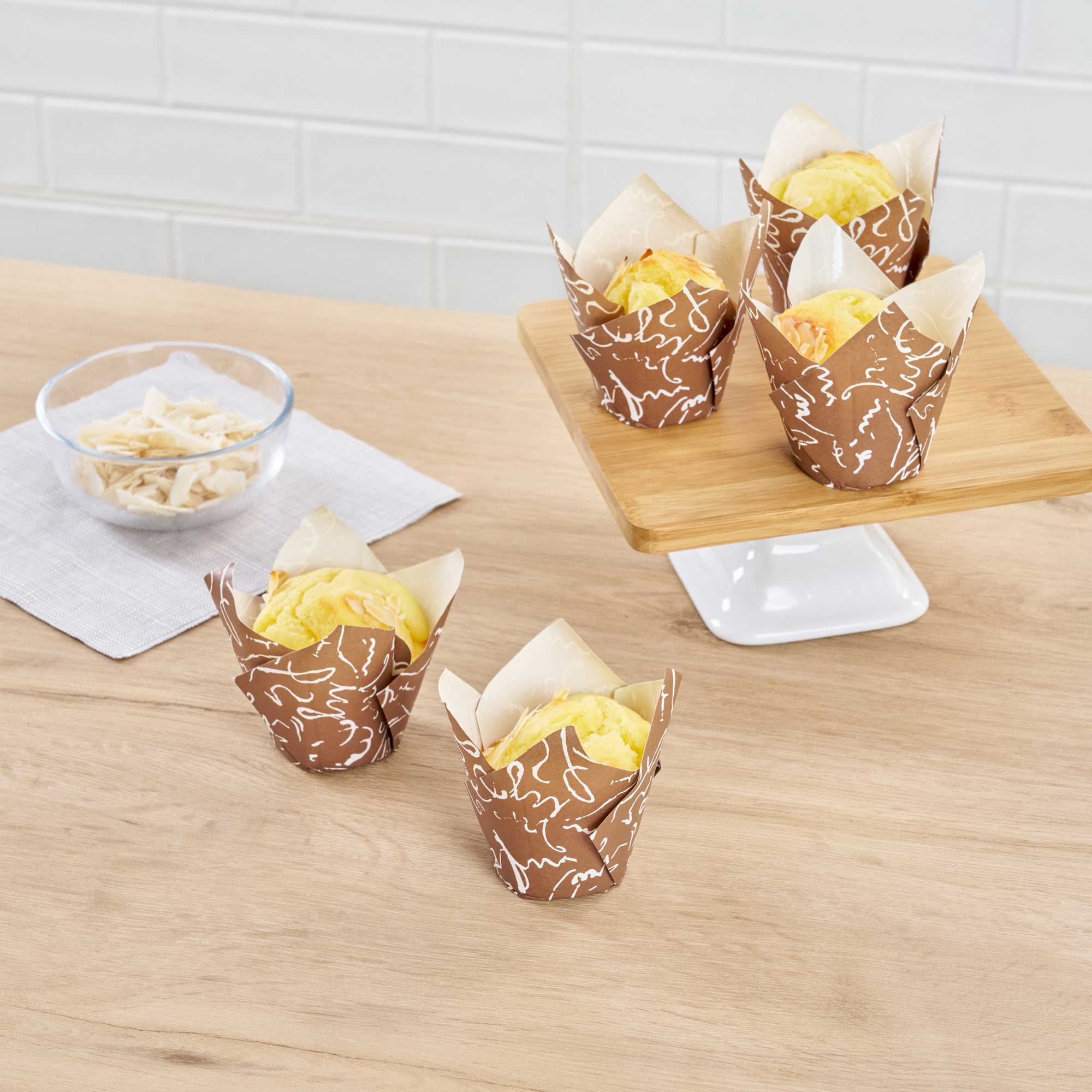 Panificio 2 oz Tulip Chocolate Wisp Paper Tall Baking Cup - 3 1/4" x 3 1/4" x 3" - 200 count box