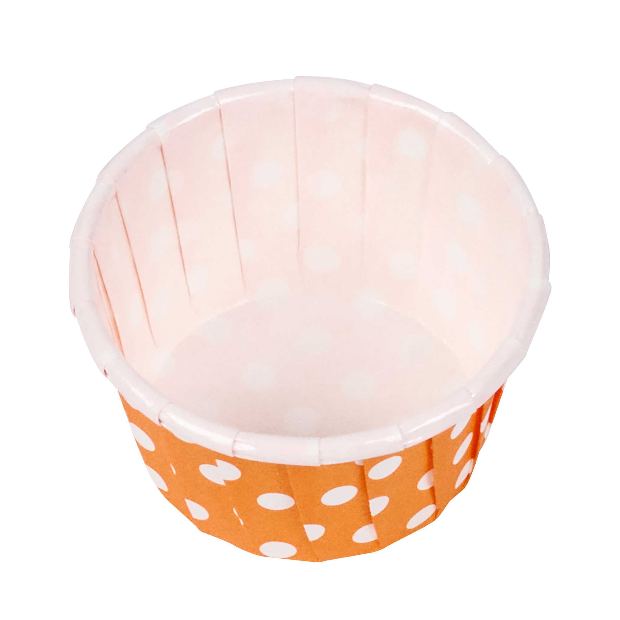 Panificio 1 oz Round Polka-Dotted Hot Orange Paper Small Baking Cup - Pleated - 2" x 2" x 1 1/4" - 200 count box