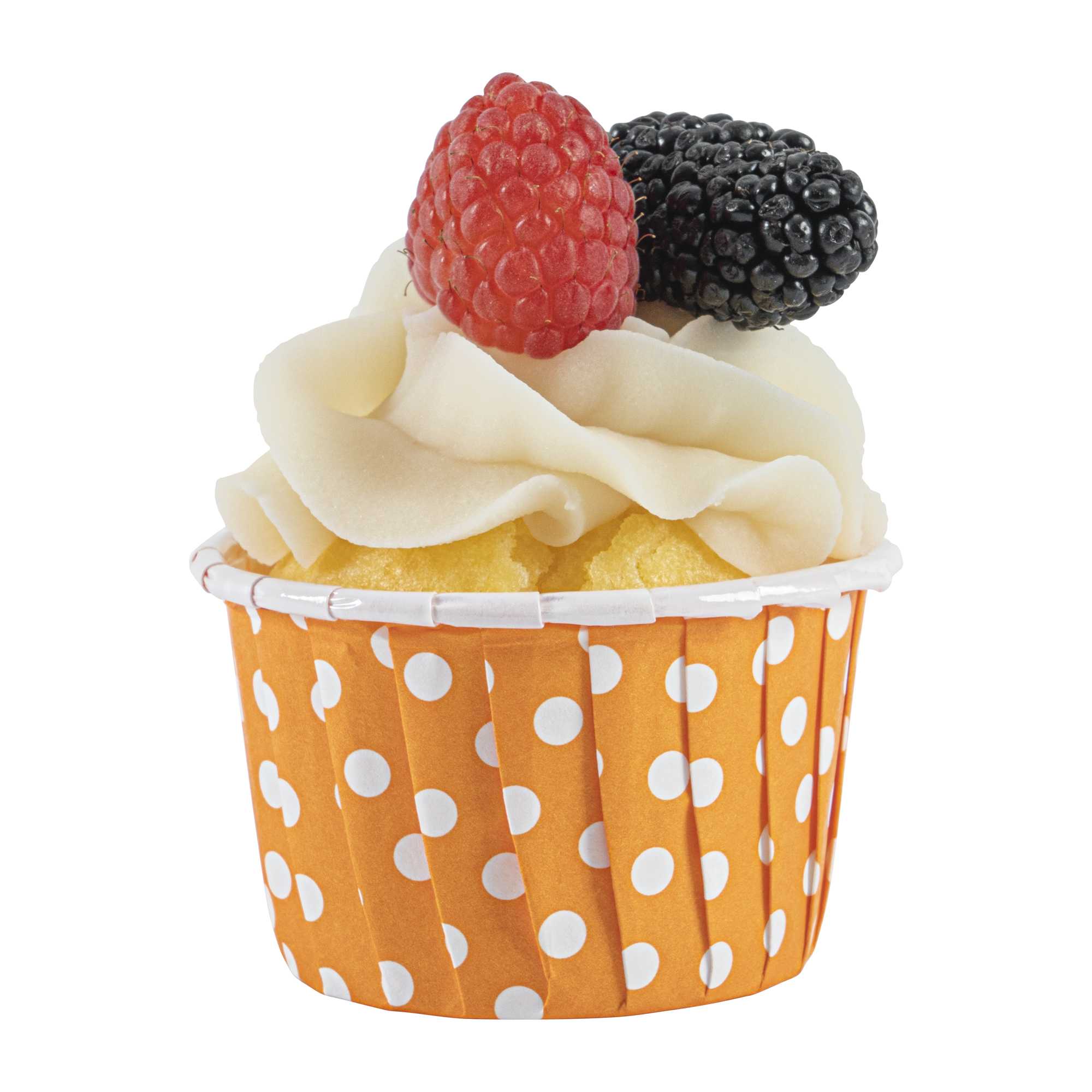Panificio 2 oz Round Polka-Dotted Hot Orange Paper Medium Baking Cup - Pleated - 2 1/4" x 2 1/4" x 1 1/2" - 200 count box
