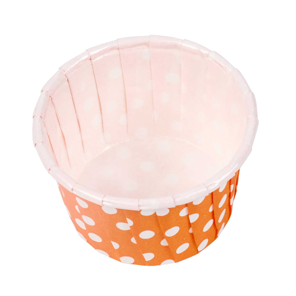 Panificio 2 oz Round Polka-Dotted Hot Orange Paper Medium Baking Cup - Pleated - 2 1/4" x 2 1/4" x 1 1/2" - 200 count box