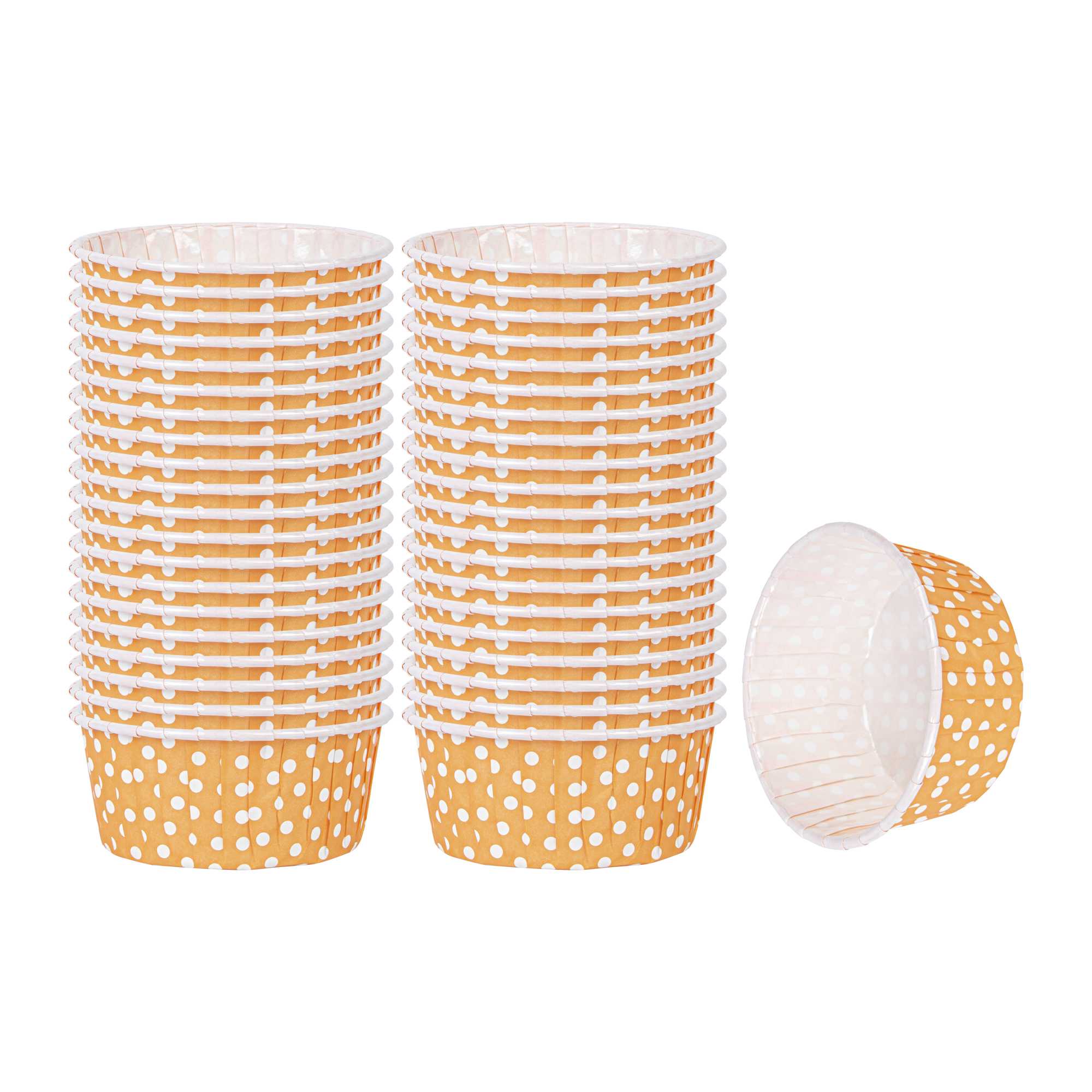 Panificio 5 oz Round Polka-Dotted Hot Orange Paper Large Baking Cup - Pleated - 3 3/4" x 3 3/4" x 1 1/2" - 200 count box