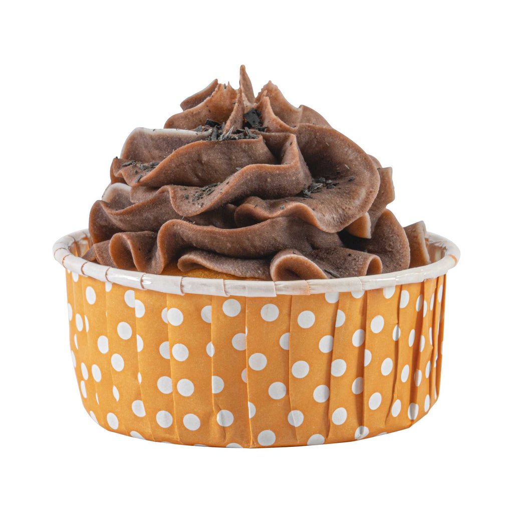 Panificio 5 oz Round Polka-Dotted Hot Orange Paper Large Baking Cup - Pleated - 3 3/4" x 3 3/4" x 1 1/2" - 200 count box