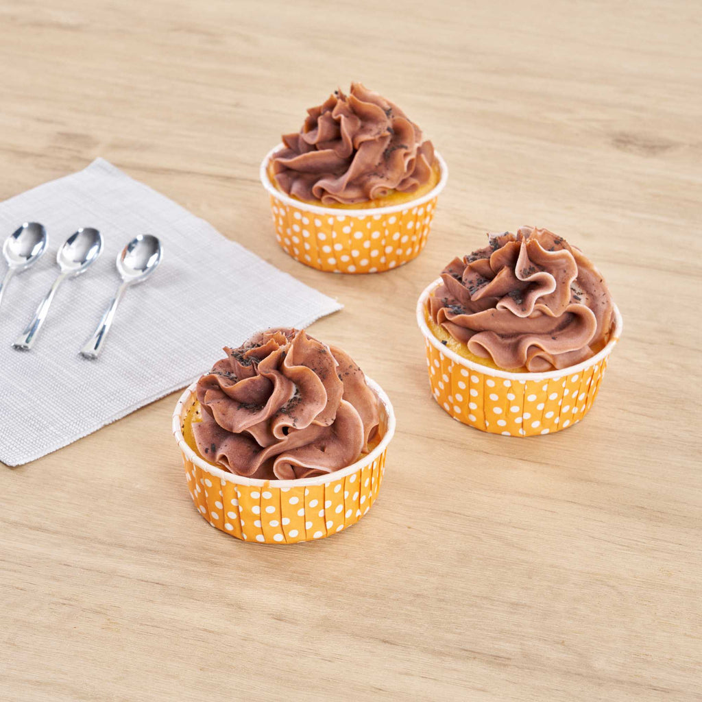 Panificio 5 oz Round Polka-Dotted Hot Orange Paper Large Baking Cup - Pleated - 3 3/4" x 3 3/4" x 1 1/2" - 200 count box