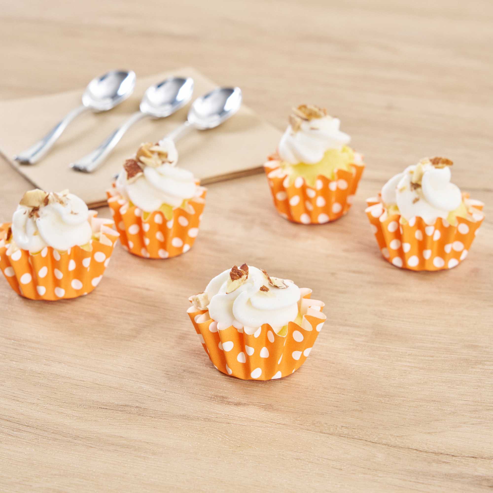Panificio 0.4 oz Round Polka-Dotted Hot Orange Paper Mini Baking Cup - Flared - 2" x 2" x 1/2" - 200 count box