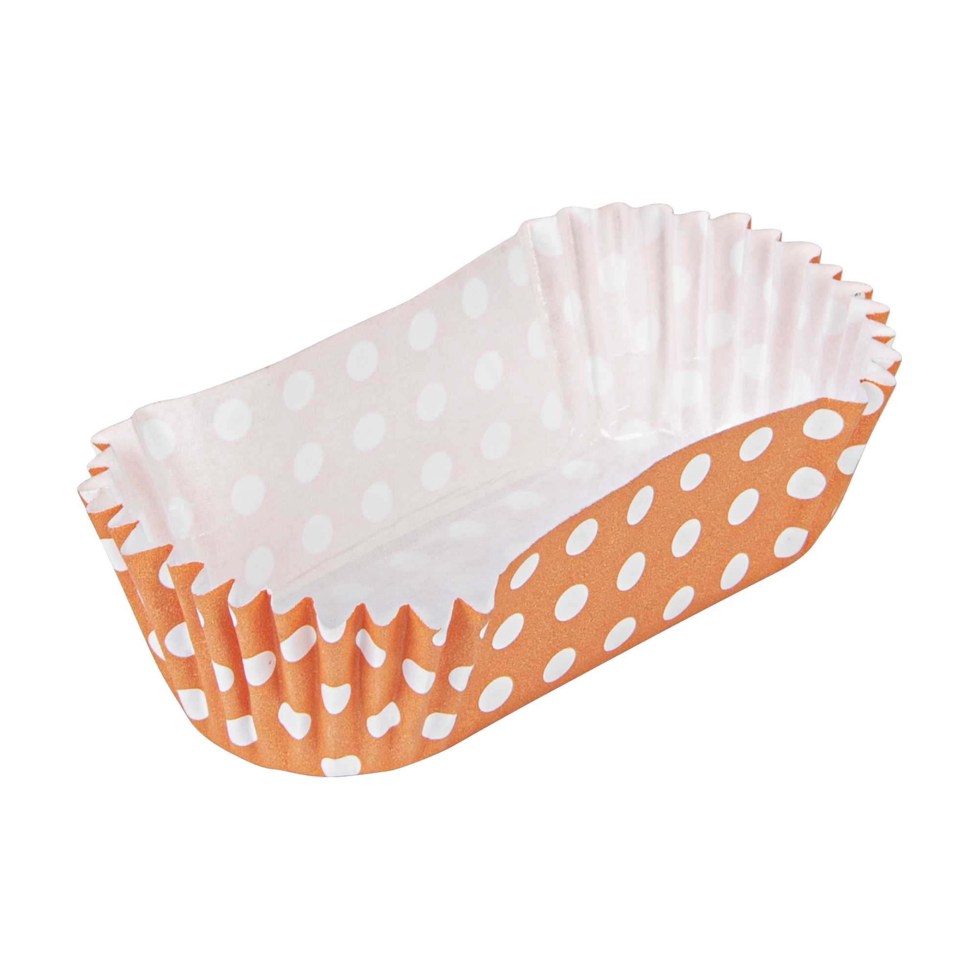 Panificio 1 oz Elliptical Polka-Dotted Hot Orange Paper Regular Baking Cup - Ridged - 3 1/2" x 1 1/2" x 3/4" - 200 count box