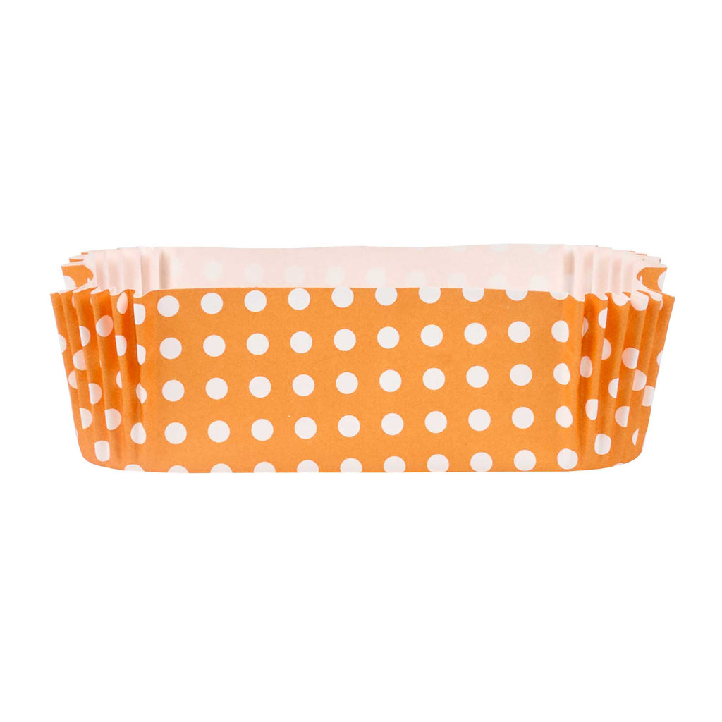 Panificio 5 oz Elliptical Polka-Dotted Hot Orange Paper Large Baking Cup - Ridged - 4 1/2" x 2 1/2" x 1 1/4" - 200 count box