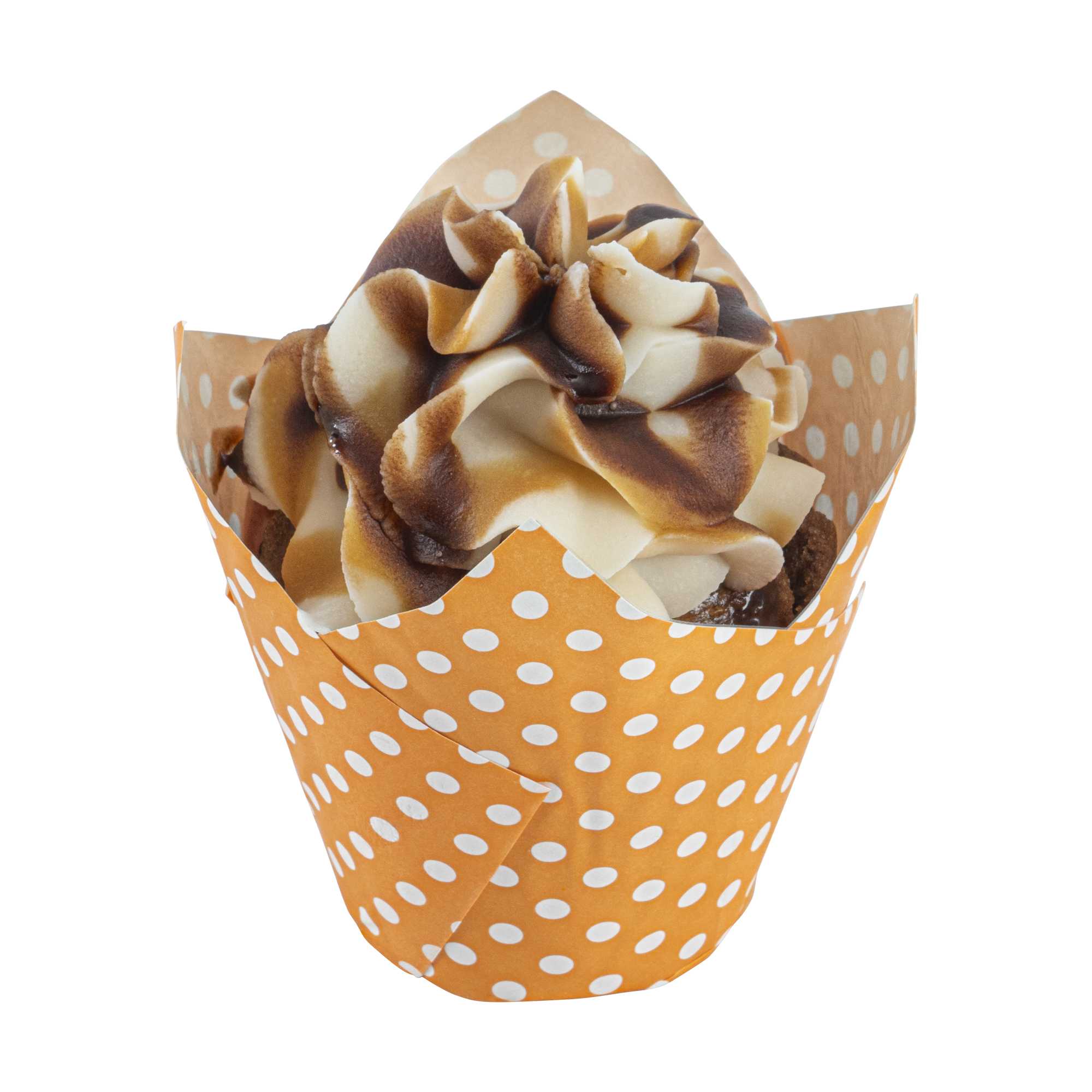 Panificio 2 oz Tulip Polka-Dotted Hot Orange Paper Tall Baking Cup - 3 1/4" x 3 1/4" x 3 1/2" - 200 count box