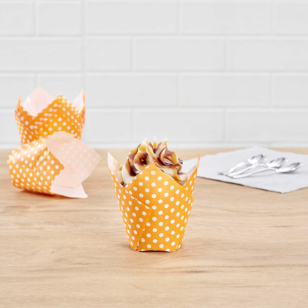 Panificio 2 oz Tulip Polka-Dotted Hot Orange Paper Tall Baking Cup - 3 1/4" x 3 1/4" x 3 1/2" - 200 count box
