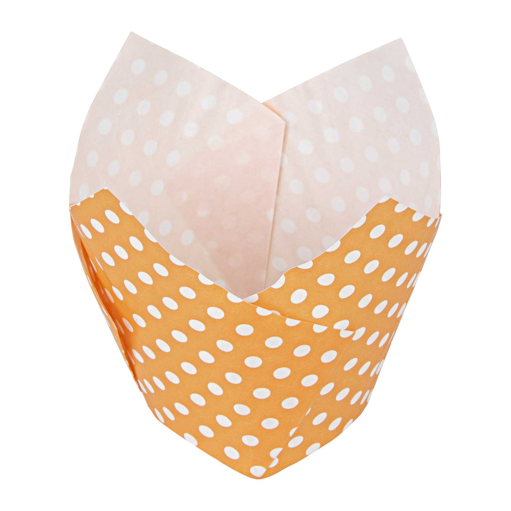 Panificio 2 oz Tulip Polka-Dotted Hot Orange Paper Tall Baking Cup - 3 1/4" x 3 1/4" x 3 1/2" - 200 count box