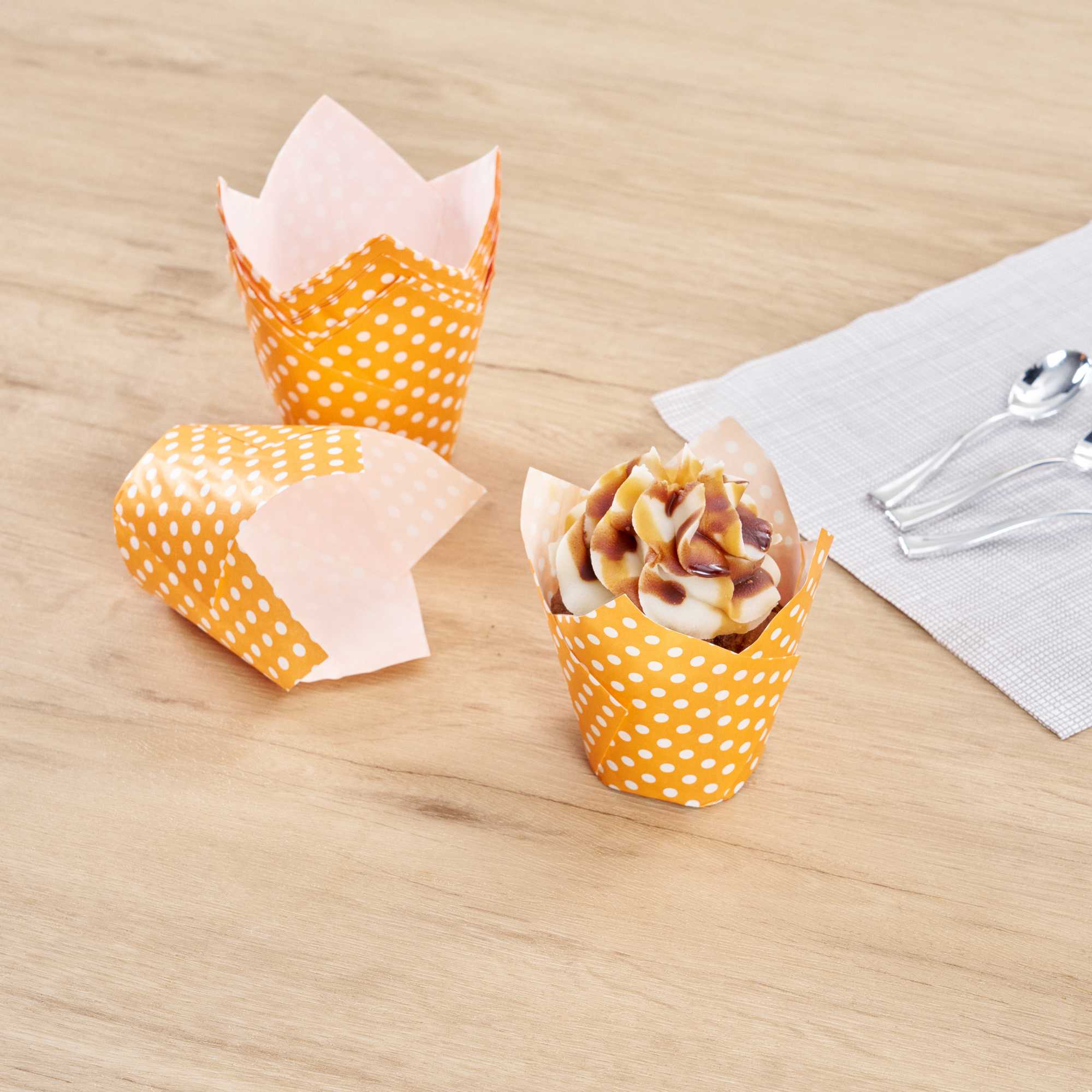 Panificio 2 oz Tulip Polka-Dotted Hot Orange Paper Tall Baking Cup - 3 1/4" x 3 1/4" x 3 1/2" - 200 count box