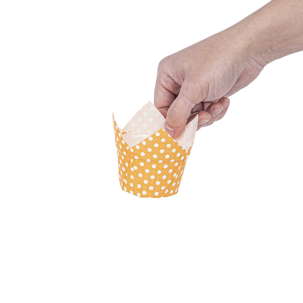 Panificio 1 oz Tulip Polka-Dotted Hot Orange Paper Regular Baking Cup - 3" x 3" x 3" - 200 count box