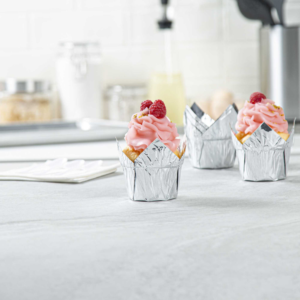 Panificio 4 oz Tulip Metallic Silver Paper Regular Baking Cup - 2 1/4" x 2 1/4" x 1 1/2" - 200 count box