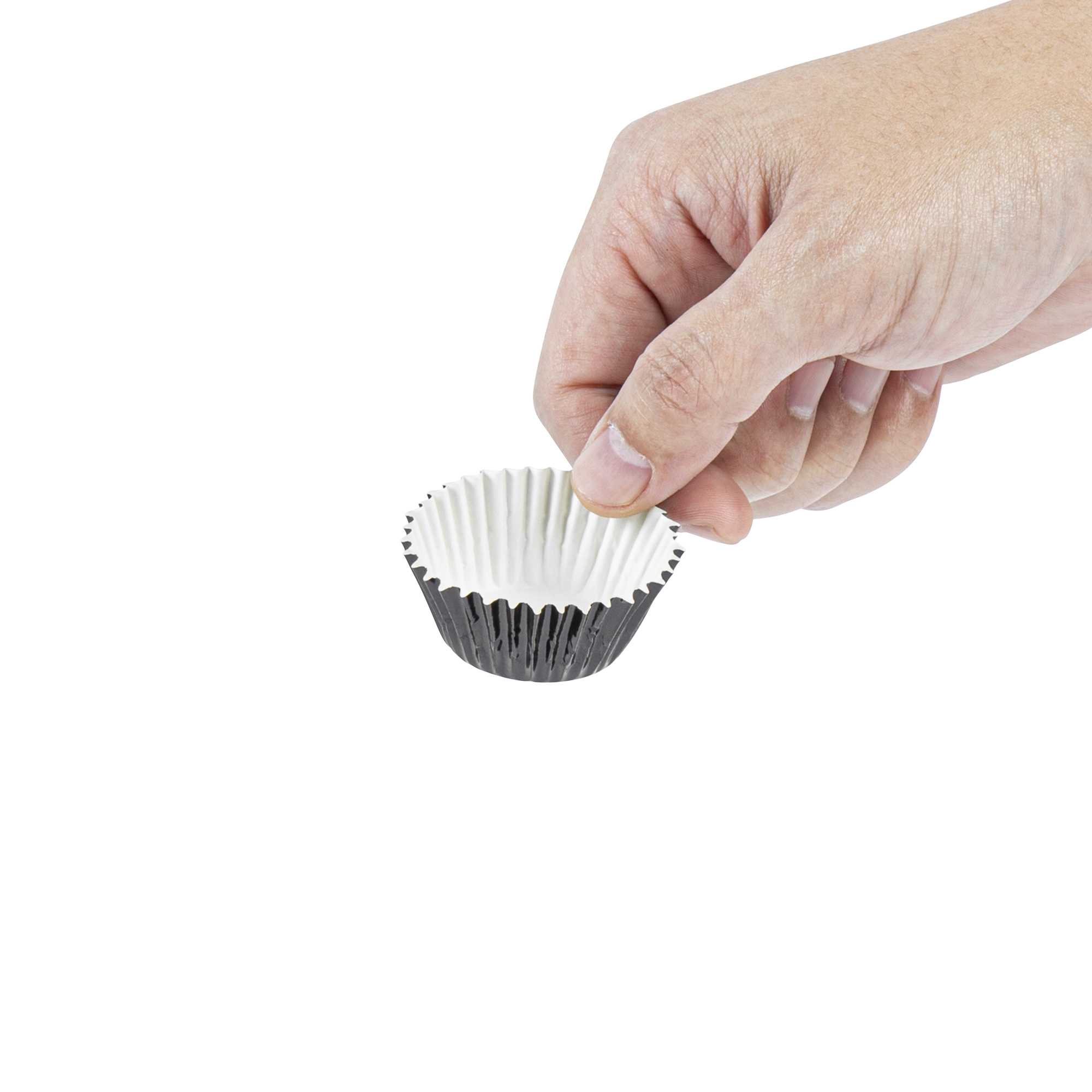 Panificio 0.4 oz Round Metallic Black Paper Baking Cup - Foil-Coated - 1 1/4" x 1 1/4" x 3/4" - 200 count box