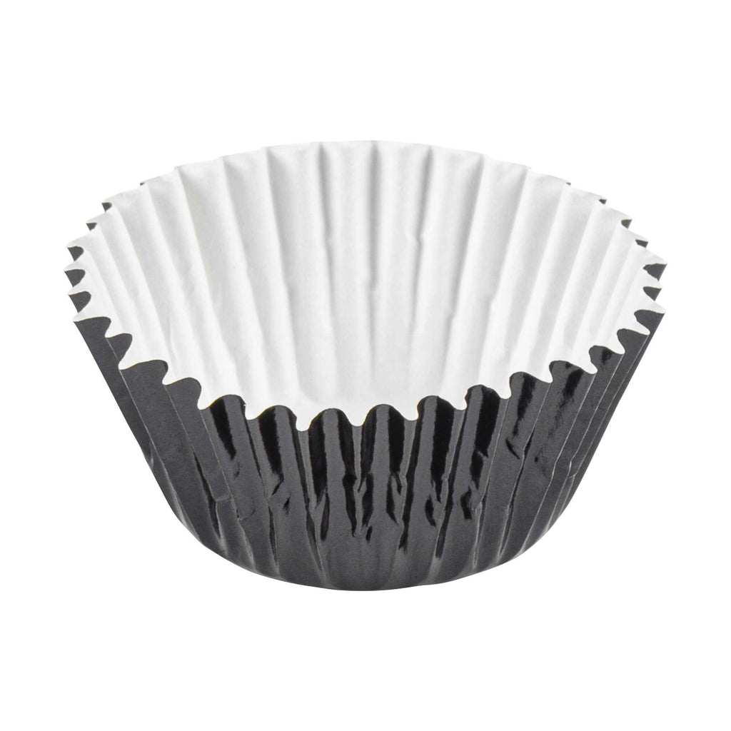 Panificio 0.4 oz Round Metallic Black Paper Baking Cup - Foil-Coated - 1 1/4" x 1 1/4" x 3/4" - 200 count box
