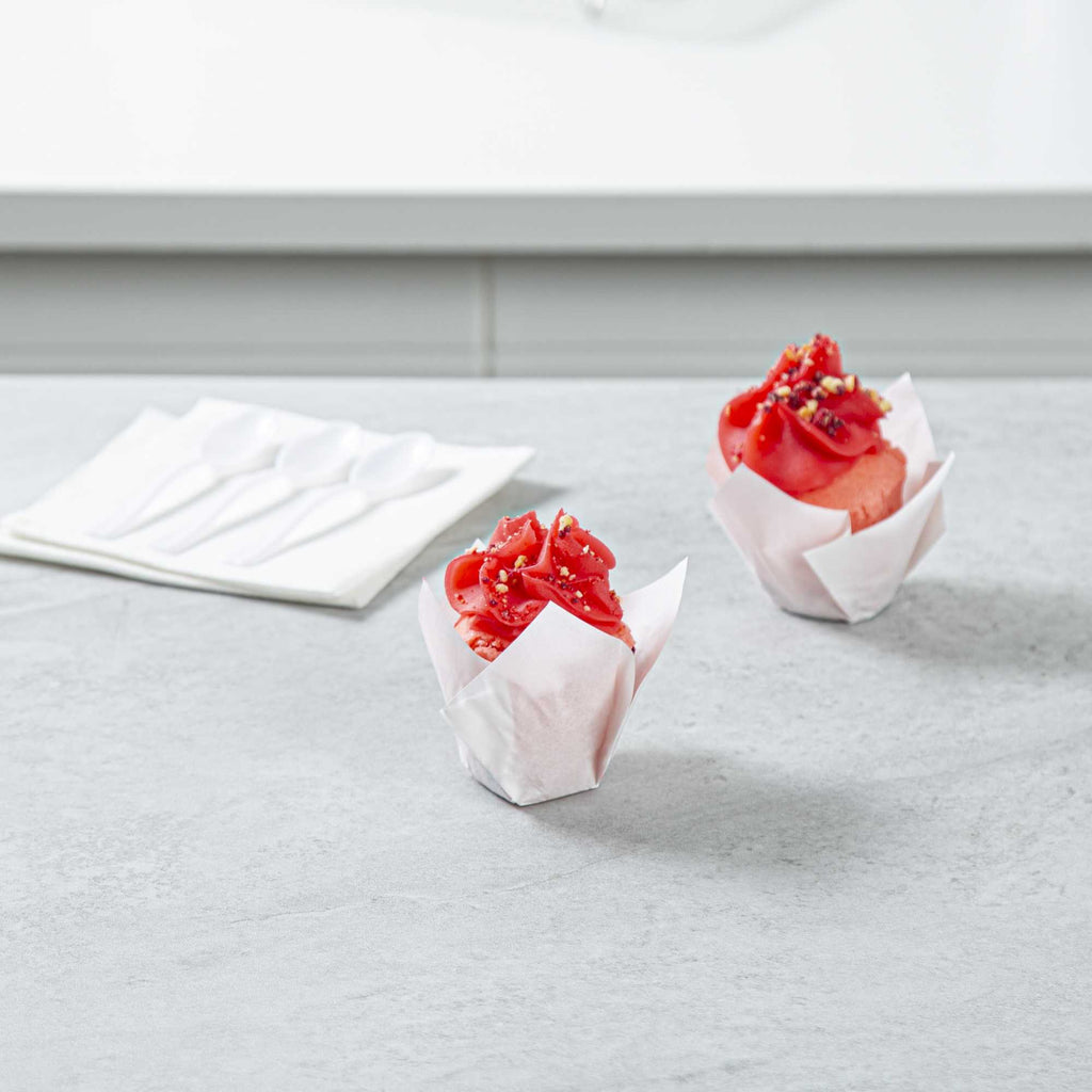 Panificio 2 oz Tulip Sugar White Paper Baking Cup - Greaseproof - 1 1/2" x 1 1/2" x 2 1/4" - 200 count box