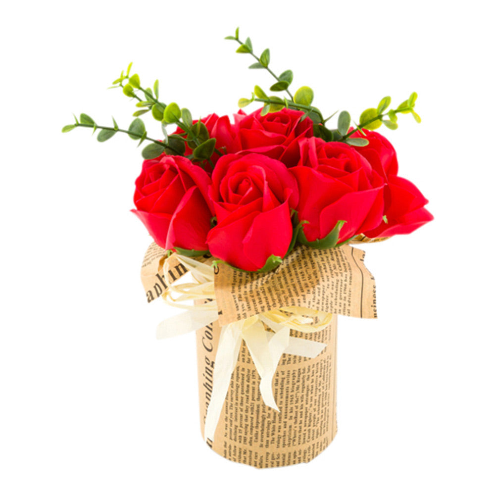 Sapone del Fiore Red Plastic Roses in Plastic Pot - 7 Blooms - 4" x 4" x 8 3/4" - 1 count box