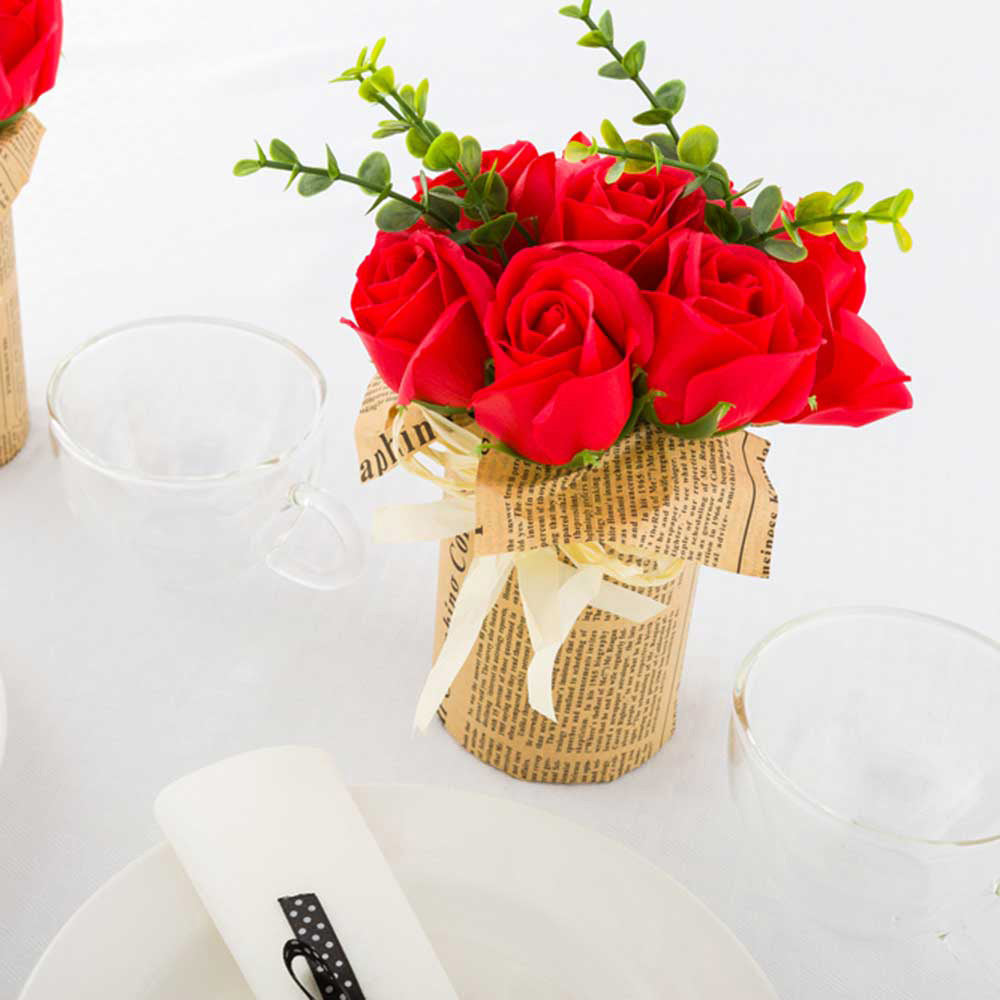 Sapone del Fiore Round Red Plastic Roses in Plastic Pot - 7 Blooms - 4" x 4" x 8 3/4" - 12 count box