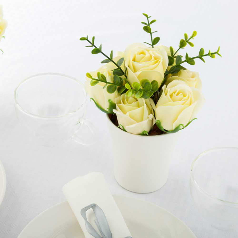 Sapone del Fiore Round Yellow Plastic Roses in Porcelain Pot - 7 Blooms - 4" x 4" x 6" - 12 count box