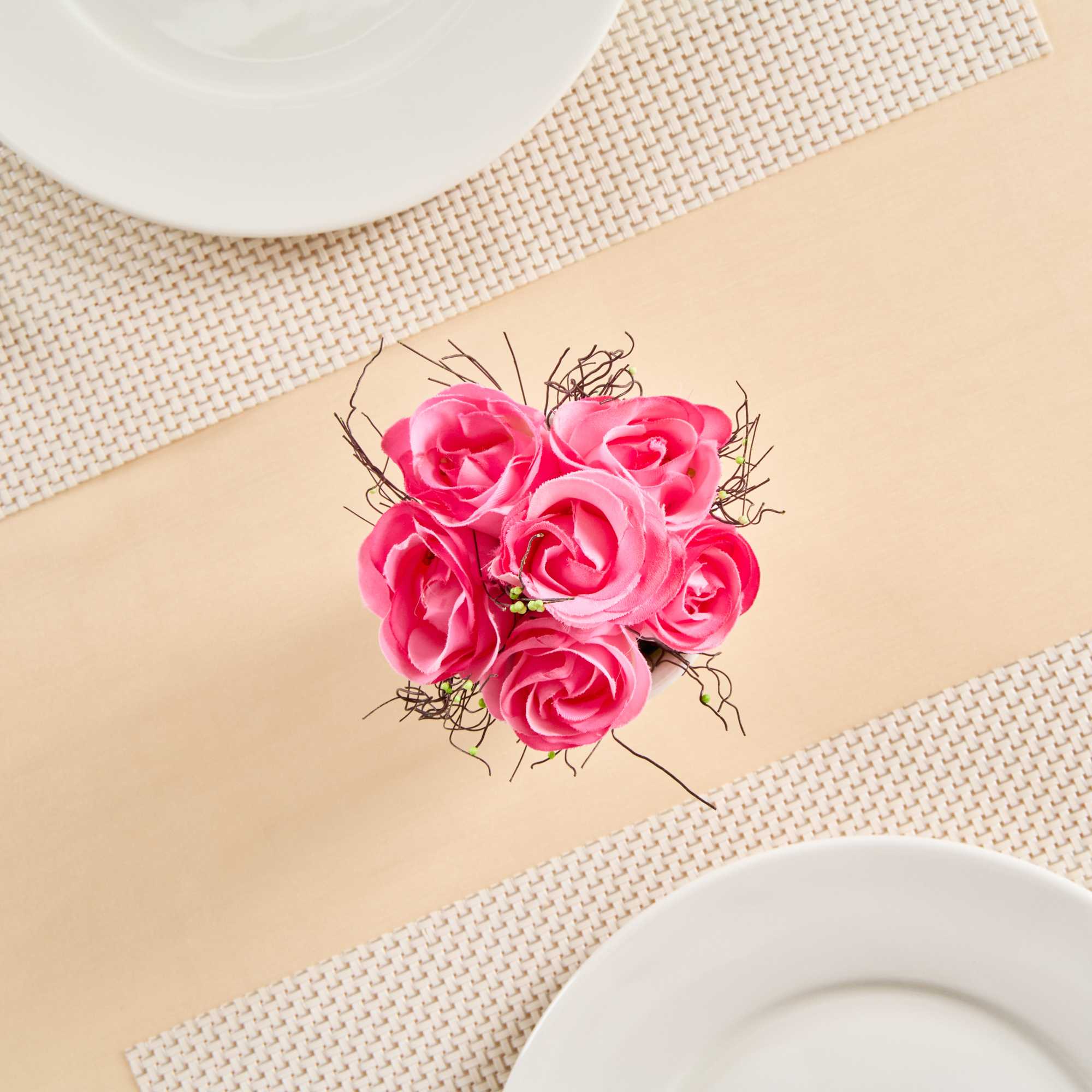 Fiore Pink Plastic Roses in Plastic Pot - 6 Blooms - 4" x 4" x 6" - 1 count box