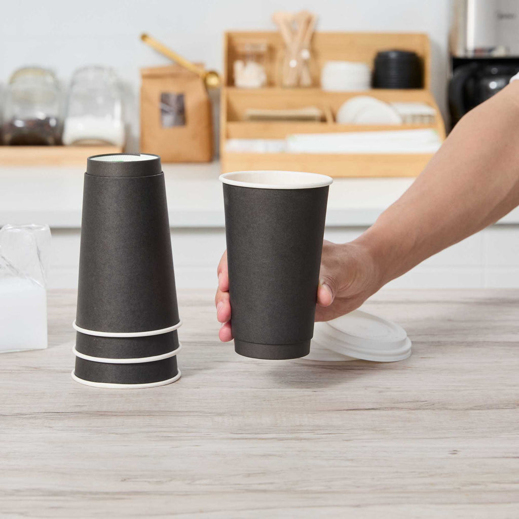 Restpresso 16 oz Black Paper Coffee Cup - Double Wall - 3 1/2" x 3 1/2" x 5 1/2" - 500 count box