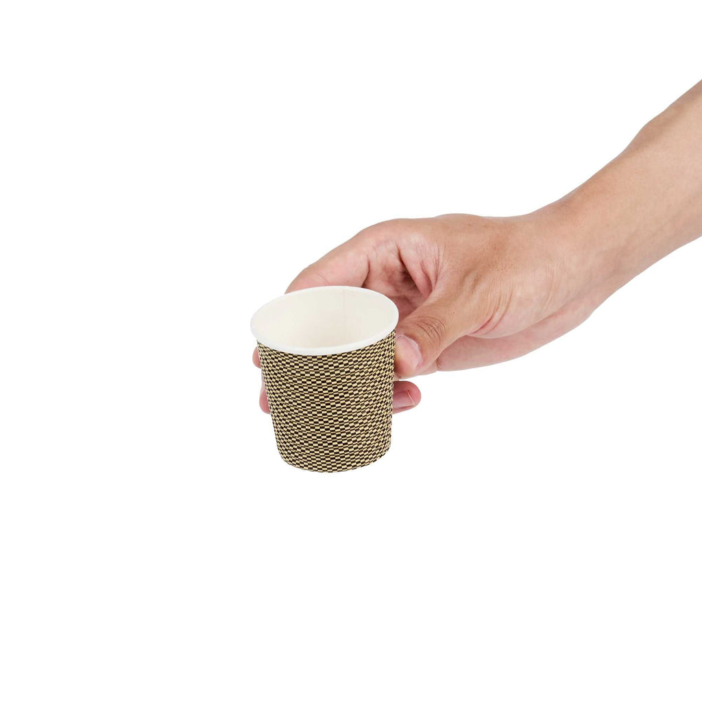 Restpresso 4 oz Mocha Pin Check Paper Coffee Cup - Spiral Wall - 2 1/2" x 2 1/2" x 2 1/4" - 500 count box