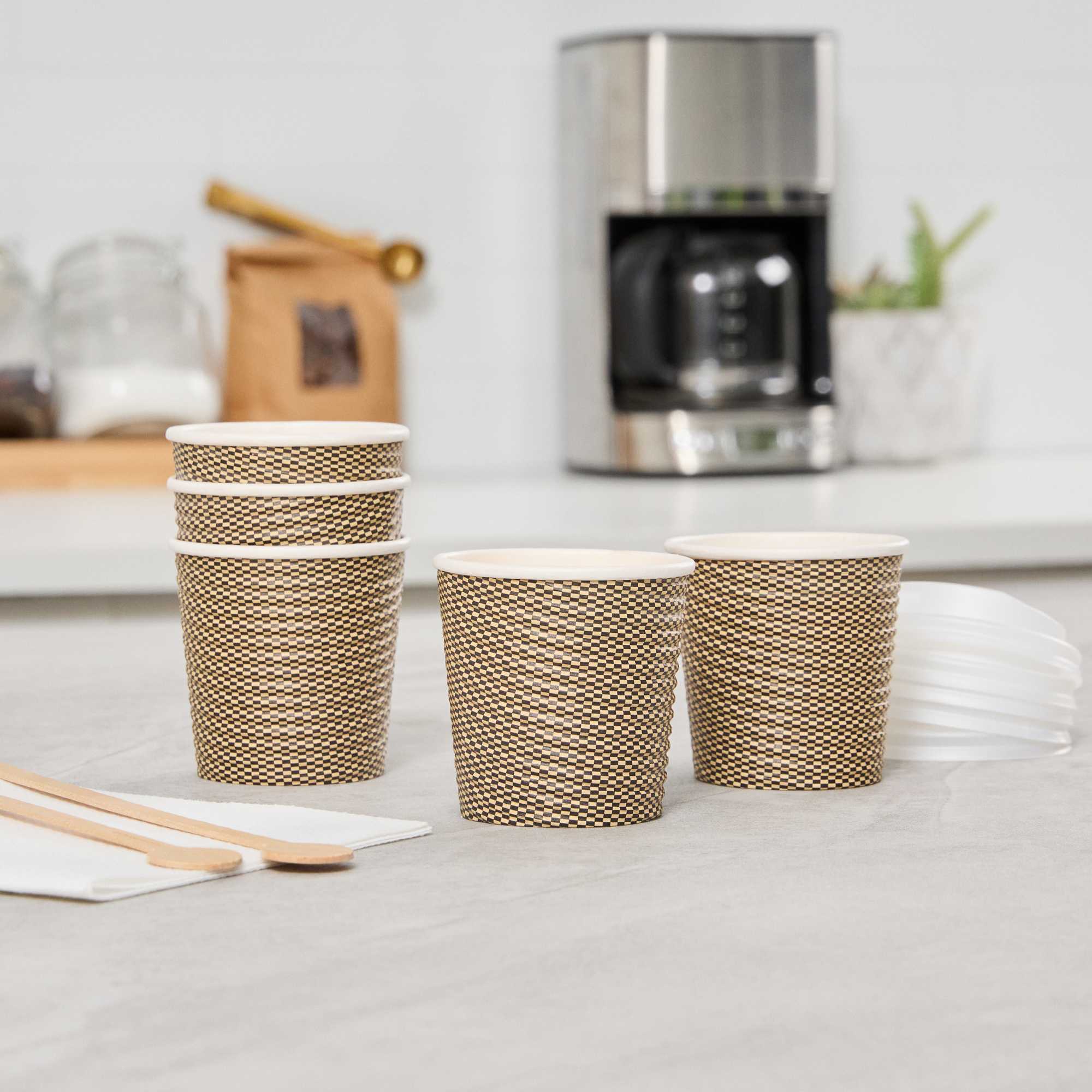 Restpresso 4 oz Mocha Pin Check Paper Coffee Cup - Spiral Wall - 2 1/2" x 2 1/2" x 2 1/4" - 500 count box