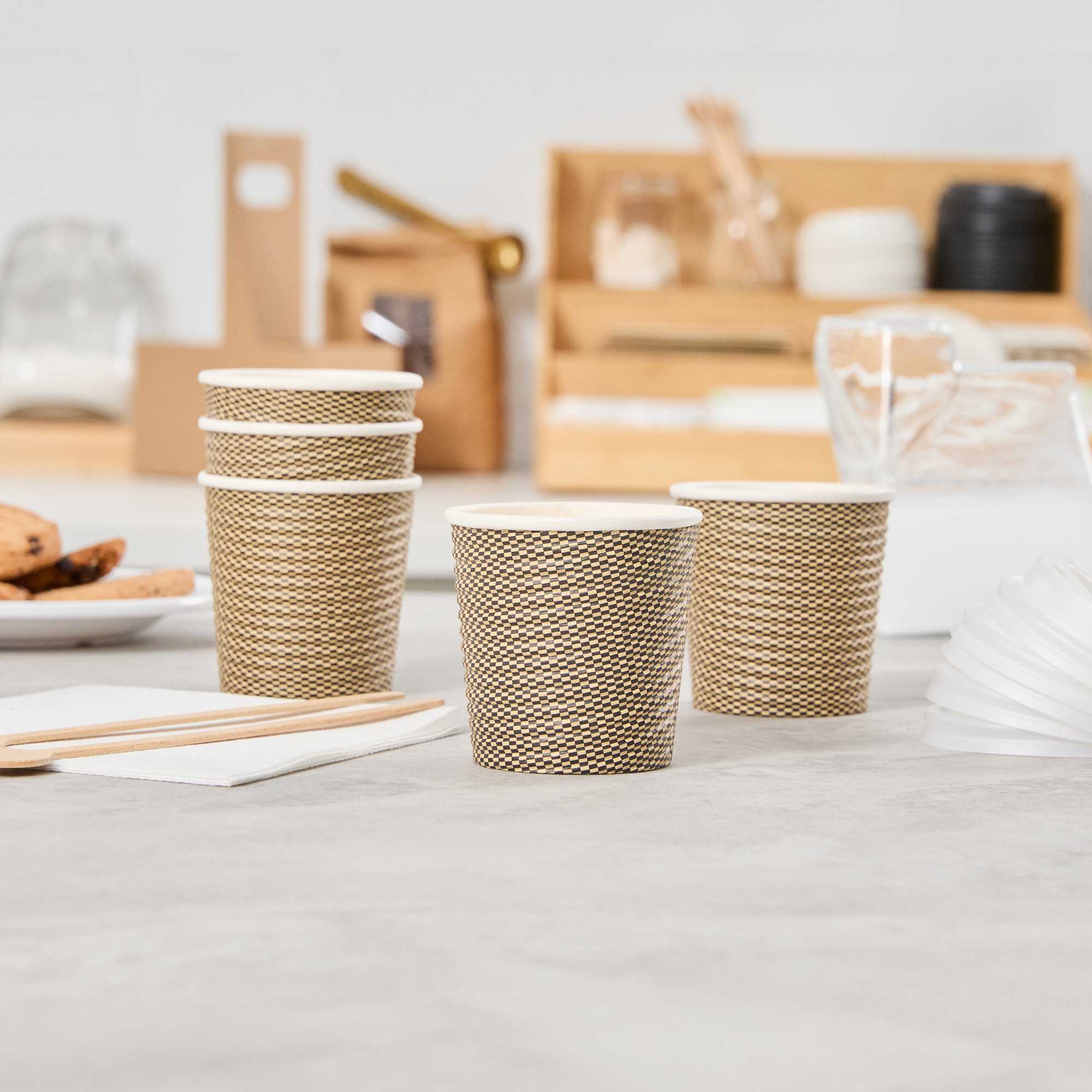 Restpresso 4 oz Mocha Pin Check Paper Coffee Cup - Spiral Wall - 2 1/2" x 2 1/2" x 2 1/4" - 500 count box