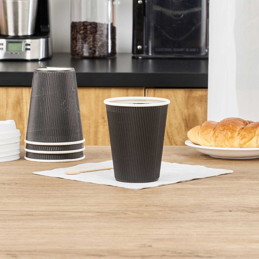 Restpresso 12 oz Black Paper Coffee Cup - Ripple Wall - 3 1/2" x 3 1/2" x 4 1/4" - 500 count box