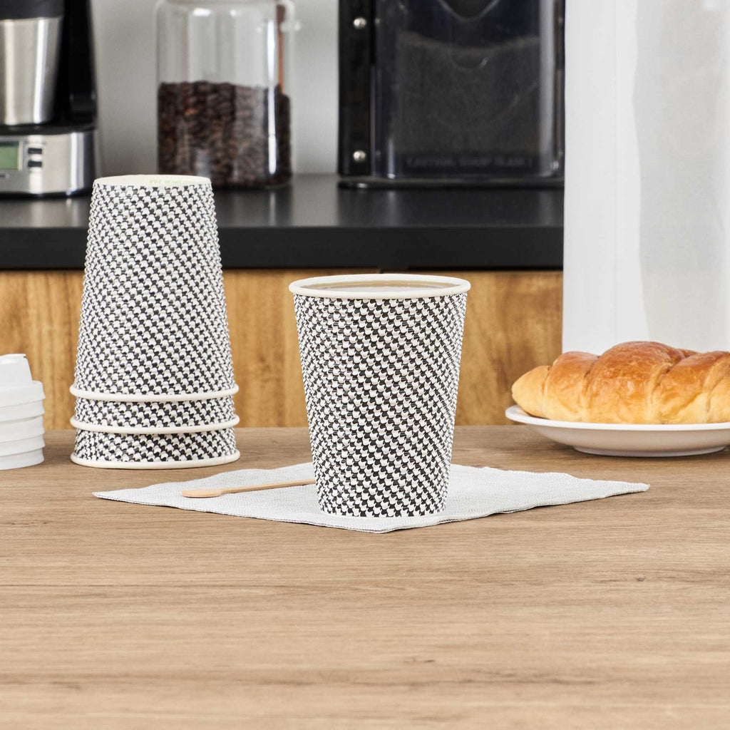 Restpresso 12 oz Houndstooth Paper Coffee Cup - Spiral Wall - 3 1/2" x 3 1/2" x 4 1/4" - 500 count box