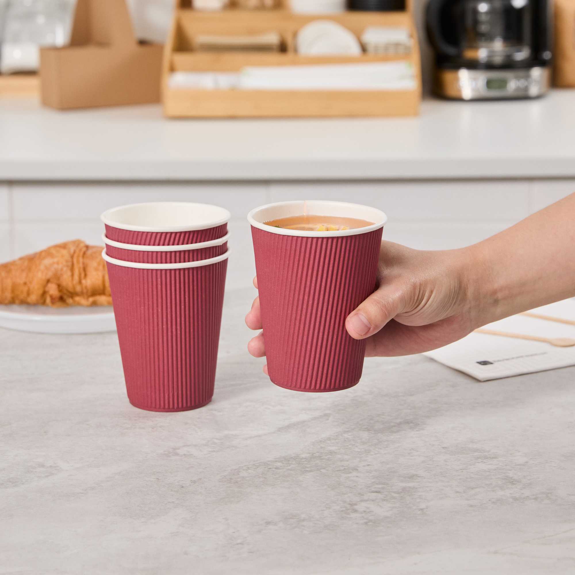 Restpresso 12 oz Crimson Paper Coffee Cup - Ripple Wall - 3 1/2" x 3 1/2" x 4 1/4" - 25 count box