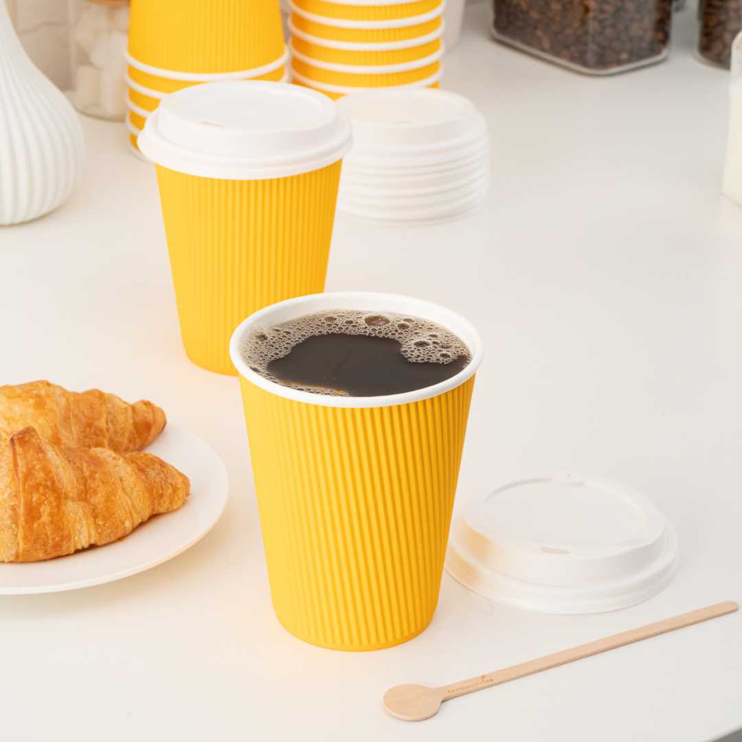 Restpresso 12 oz Yellow Paper Coffee Cup - Ripple Wall - 3 1/2" x 3 1/2" x 4 1/4" - 25 count box