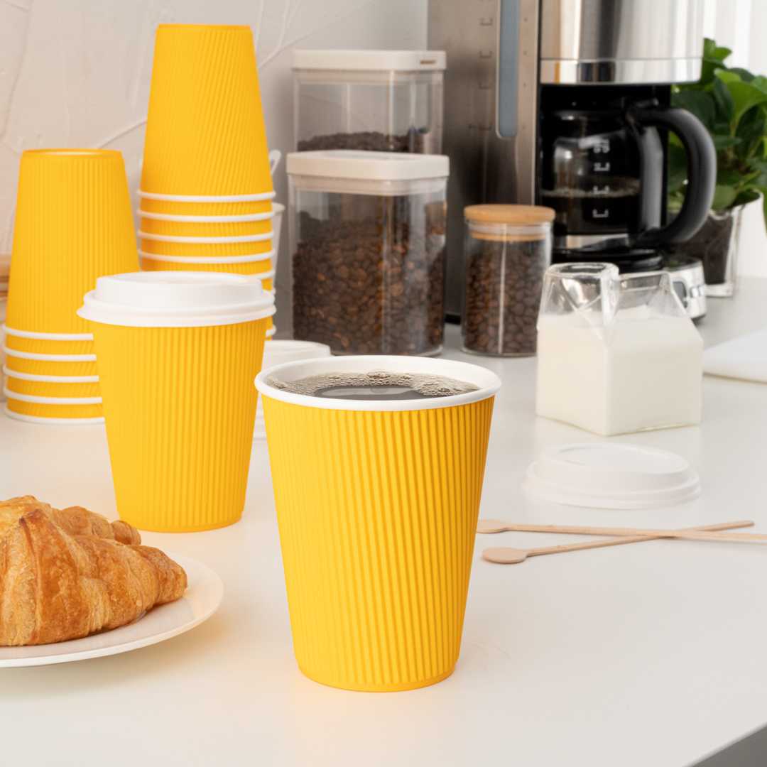 Restpresso 12 oz Yellow Paper Coffee Cup - Ripple Wall - 3 1/2" x 3 1/2" x 4 1/4" - 25 count box