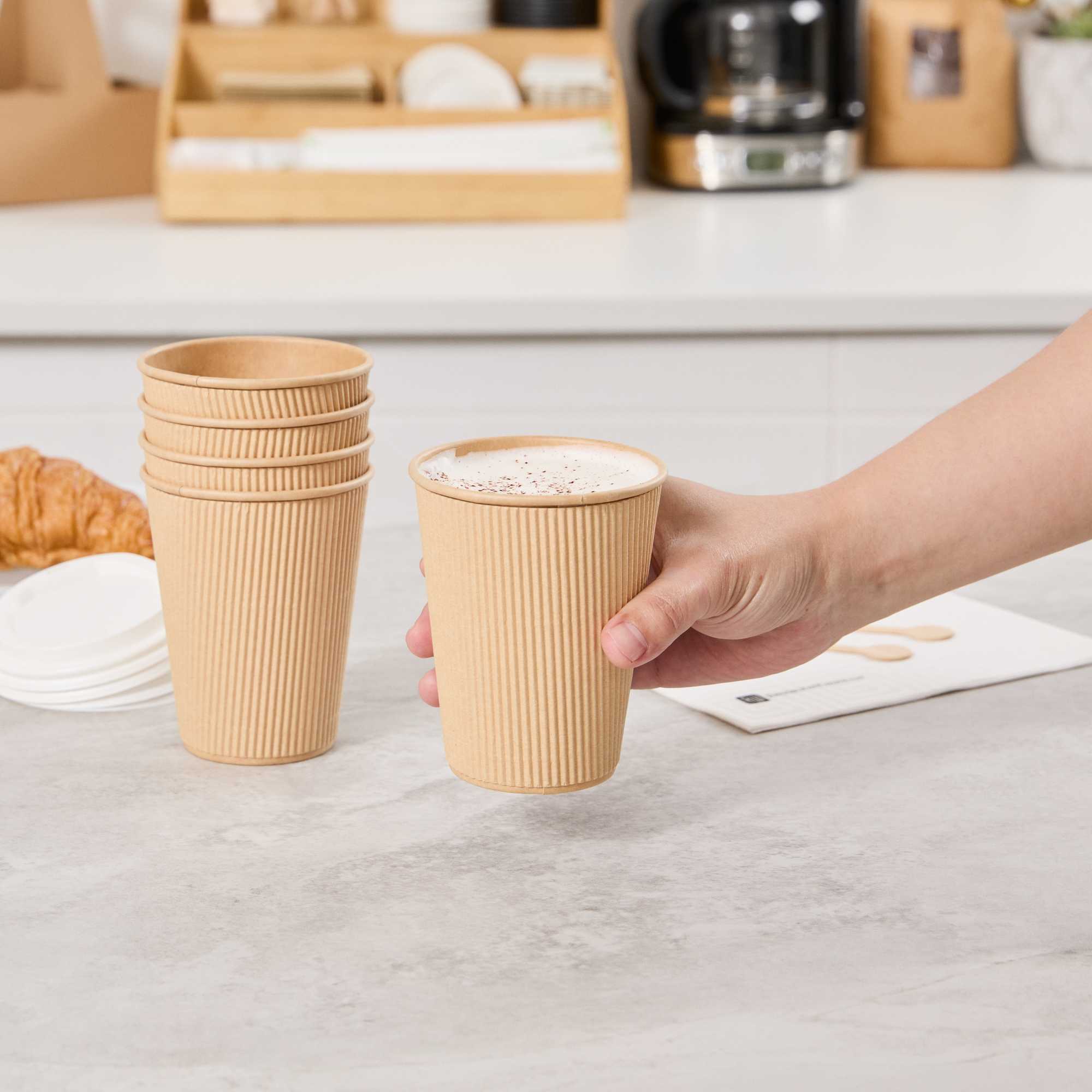 Restpresso 12 oz Kraft Paper Coffee Cup - Ripple Wall - 3 1/2" x 3 1/2" x 4 1/4" - 25 count box