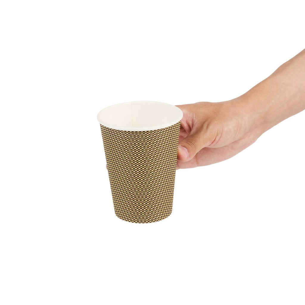 Restpresso 12 oz Mocha Pin Check Paper Coffee Cup - Spiral Wall - 3 1/2" x 3 1/2" x 4 1/4" - 25 count box
