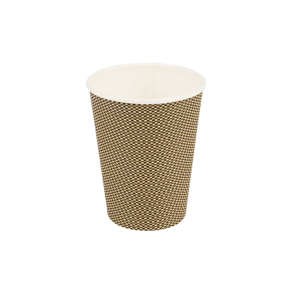 Restpresso 12 oz Mocha Pin Check Paper Coffee Cup - Spiral Wall - 3 1/2" x 3 1/2" x 4 1/4" - 25 count box
