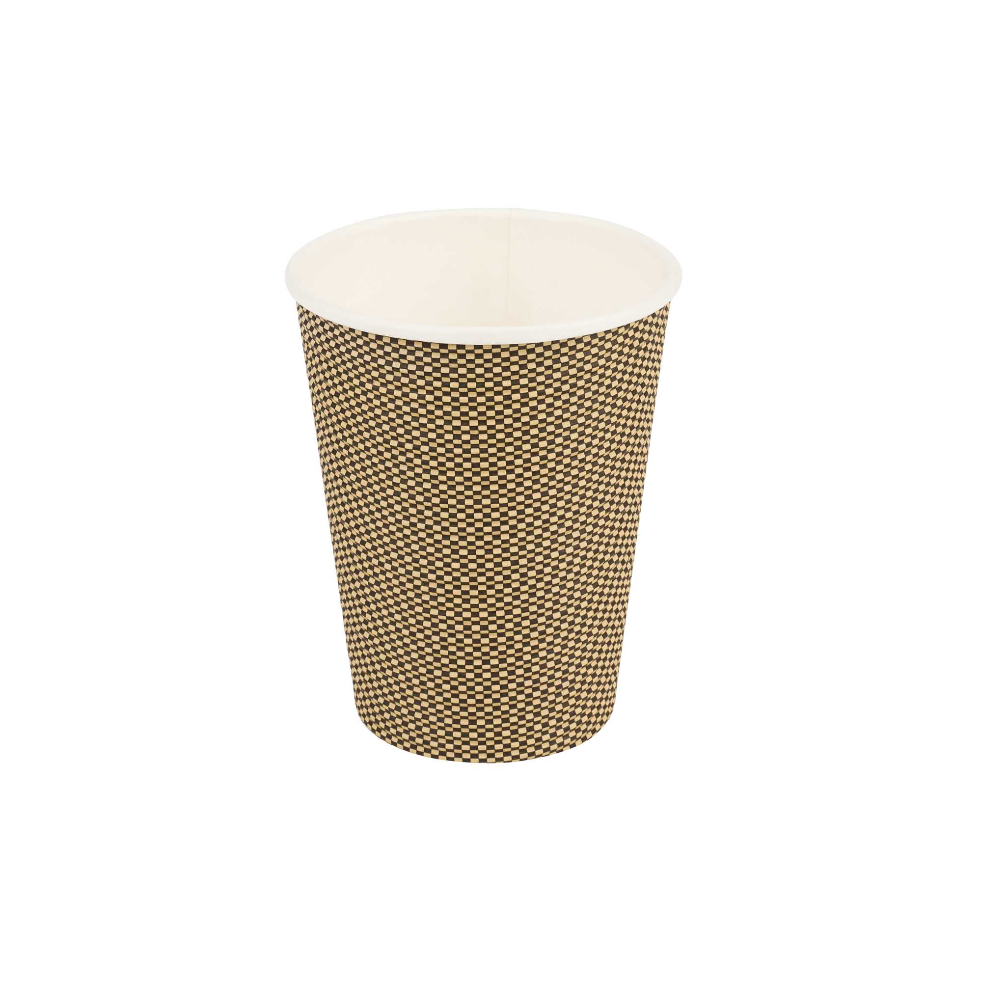 Restpresso 12 oz Mocha Pin Check Paper Coffee Cup - Spiral Wall - 3 1/2" x 3 1/2" x 4 1/4" - 25 count box