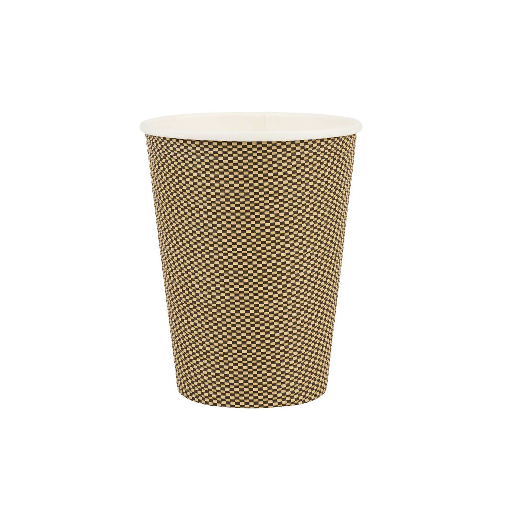 Restpresso 12 oz Mocha Pin Check Paper Coffee Cup - Spiral Wall - 3 1/2" x 3 1/2" x 4 1/4" - 25 count box