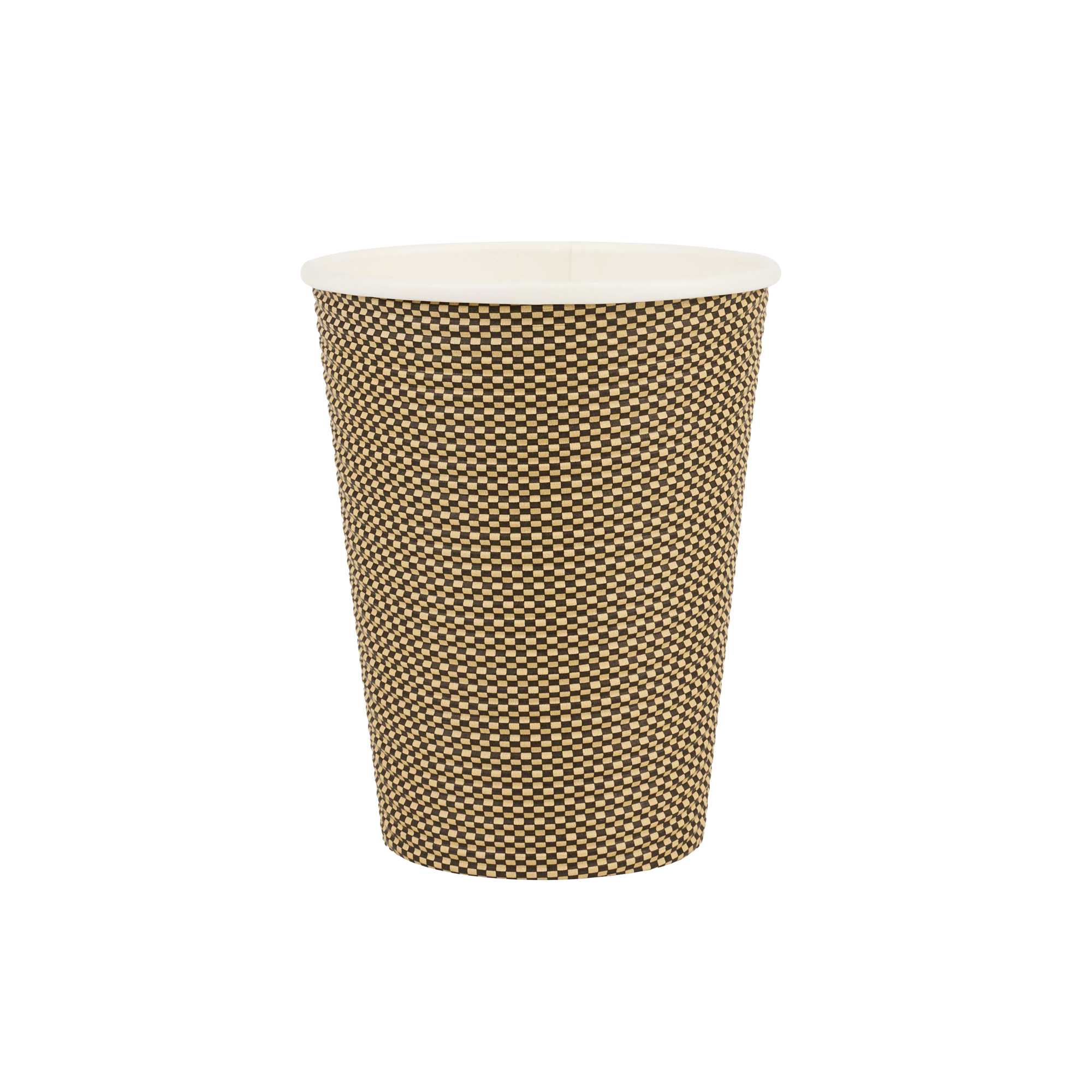 Restpresso 12 oz Mocha Pin Check Paper Coffee Cup - Spiral Wall - 3 1/2" x 3 1/2" x 4 1/4" - 25 count box