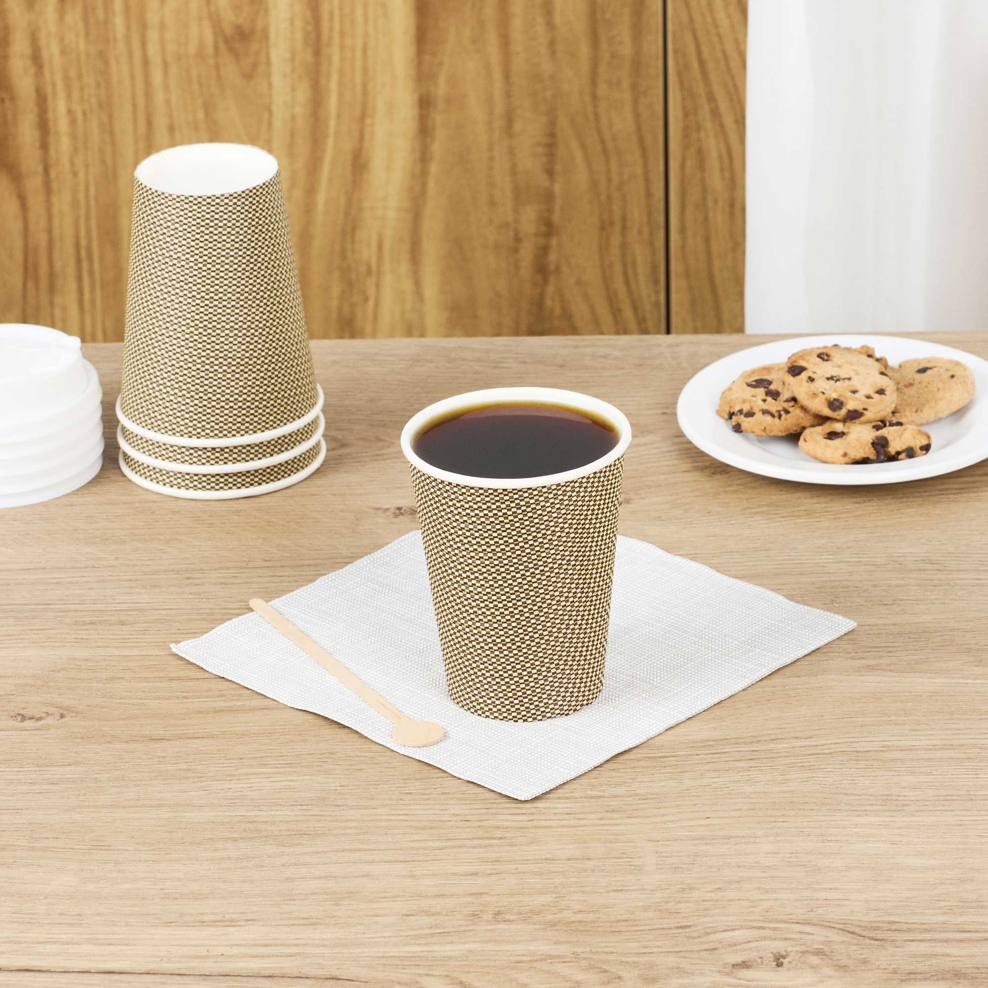 Restpresso 12 oz Mocha Pin Check Paper Coffee Cup - Spiral Wall - 3 1/2" x 3 1/2" x 4 1/4" - 25 count box