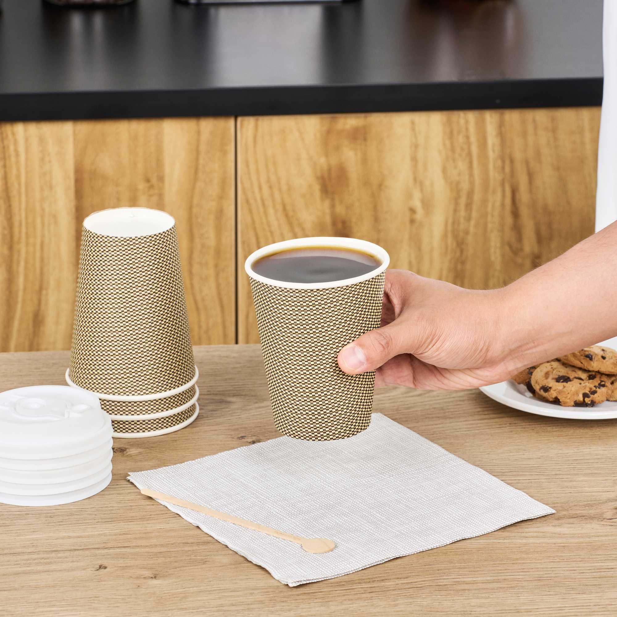 Restpresso 12 oz Mocha Pin Check Paper Coffee Cup - Spiral Wall - 3 1/2" x 3 1/2" x 4 1/4" - 25 count box