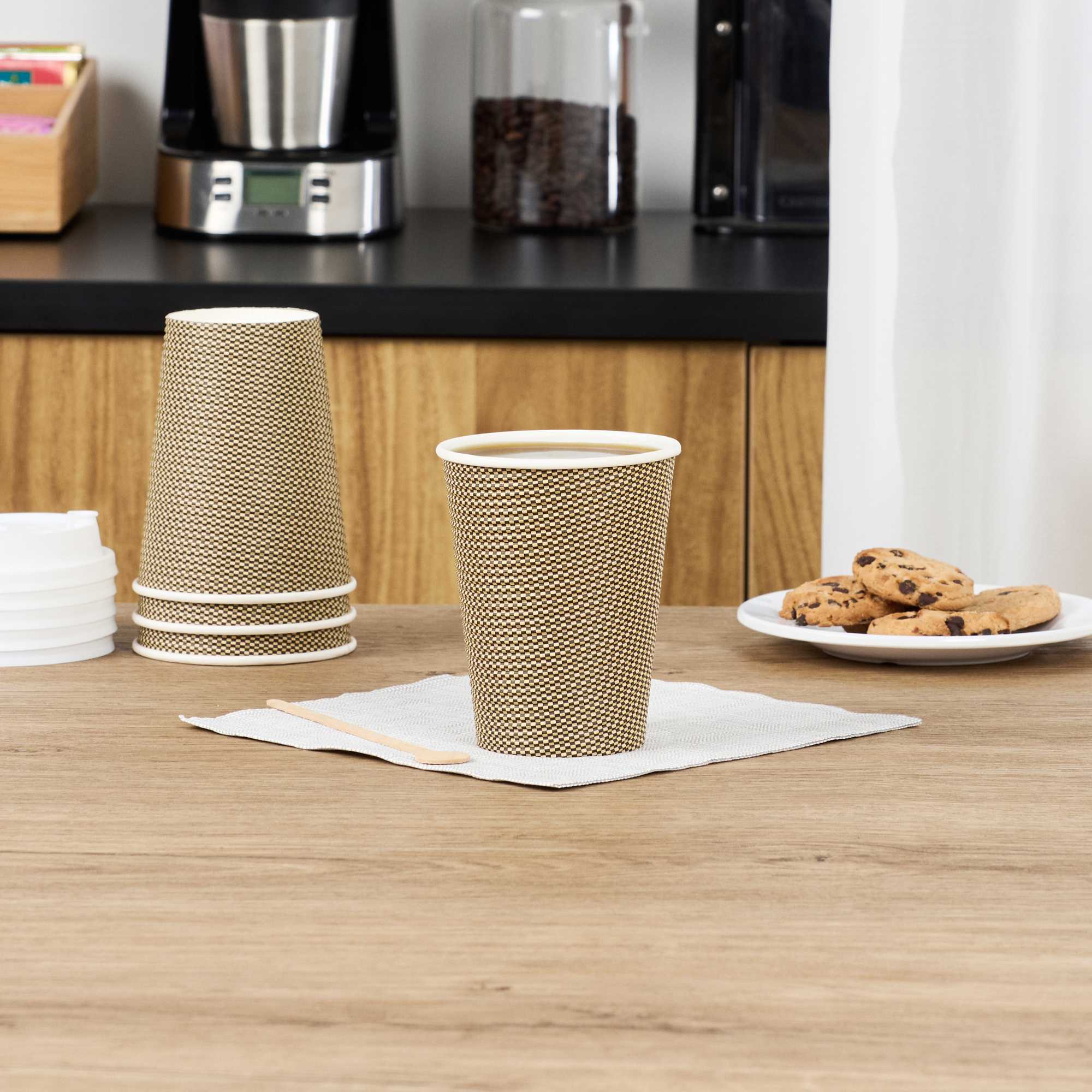 Restpresso 12 oz Mocha Pin Check Paper Coffee Cup - Spiral Wall - 3 1/2" x 3 1/2" x 4 1/4" - 25 count box
